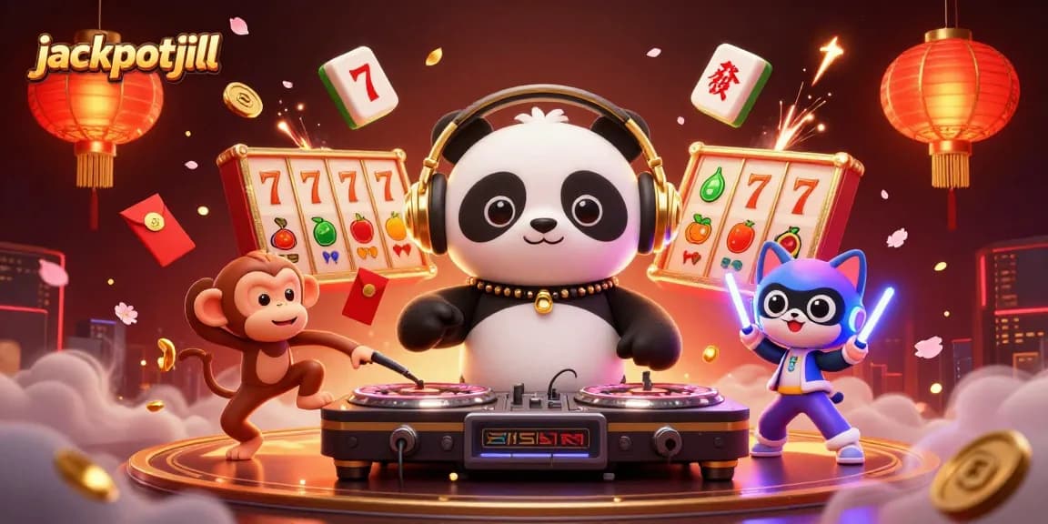 Win big at jackpotjill with vibrant 3D illustrations of casino characters and slot game elements.