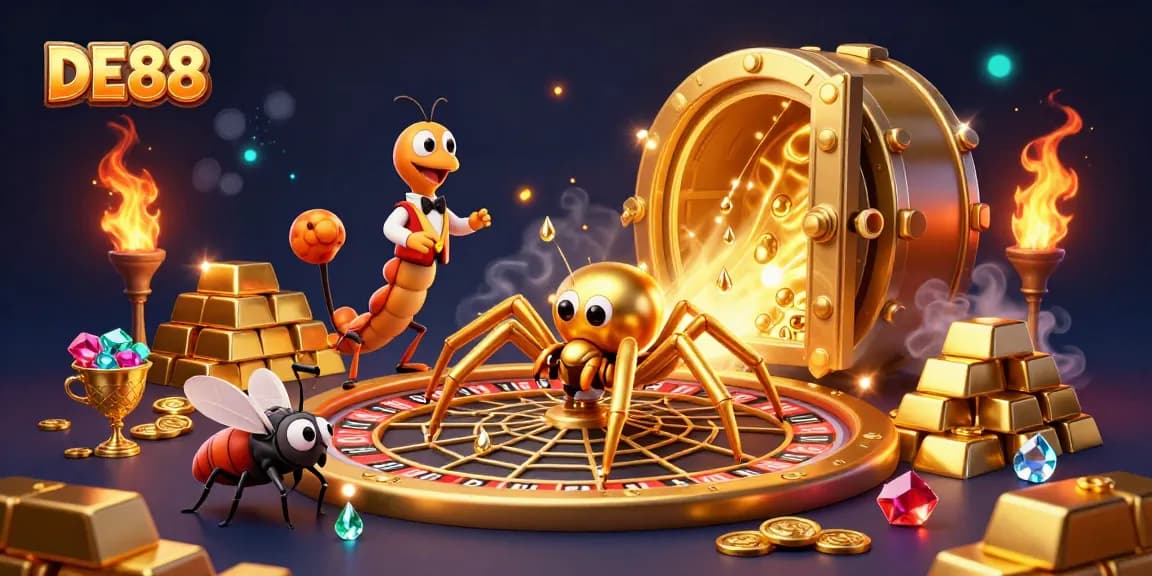 Engage with the vibrant DE88 casino world of betting excitement featuring a golden roulette-themed spider web.