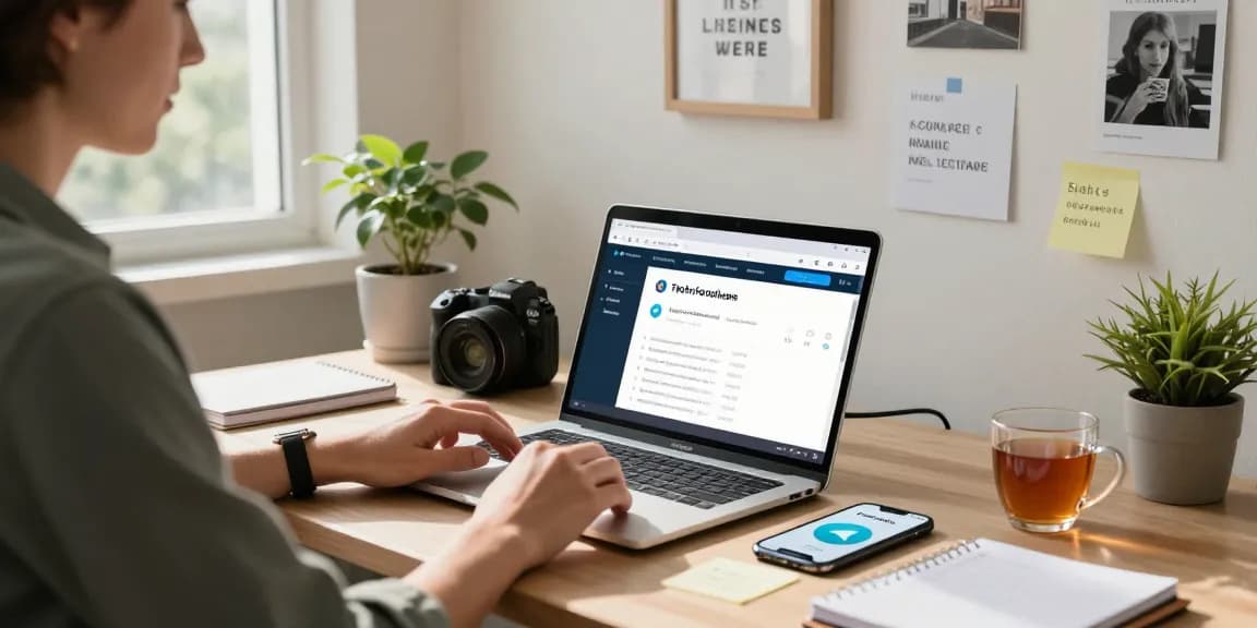 Person using the Telegram web version in a cozy home office workspace, showcasing productivity and tech integration.