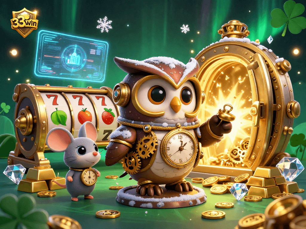 Spin the lucky reels at 33win with an enchanting steampunk owl in a rich casino scene.