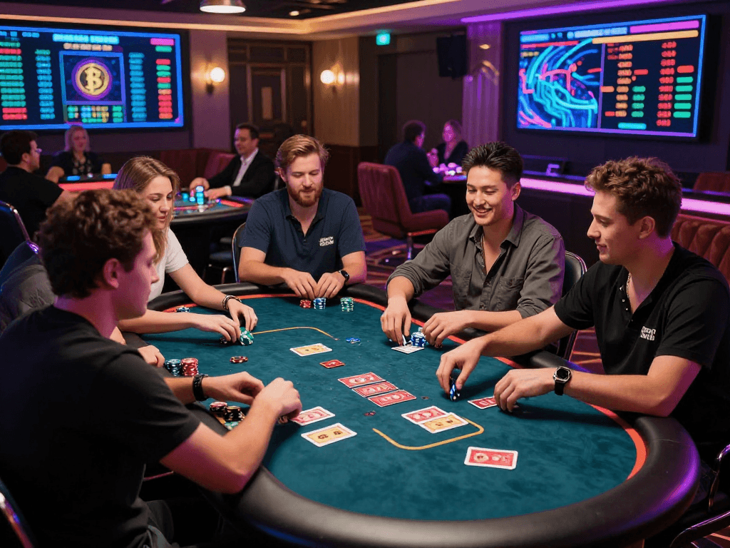 Engaged players at a crypto casino enjoying live dealer poker amidst vibrant decor and digital screens.