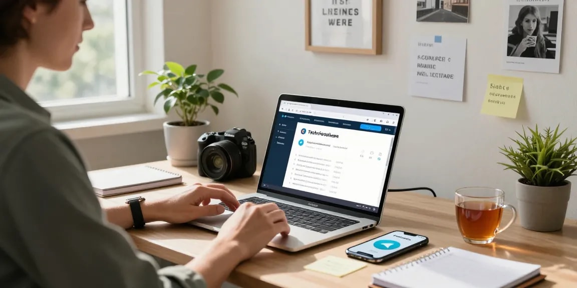 Person using the Telegram web version in a cozy home office workspace, showcasing productivity and tech integration.