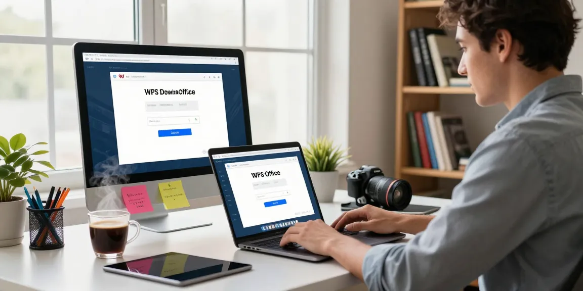 WPS Download in action on a professional desktop setup with laptop and productivity tools, showing a focused user.