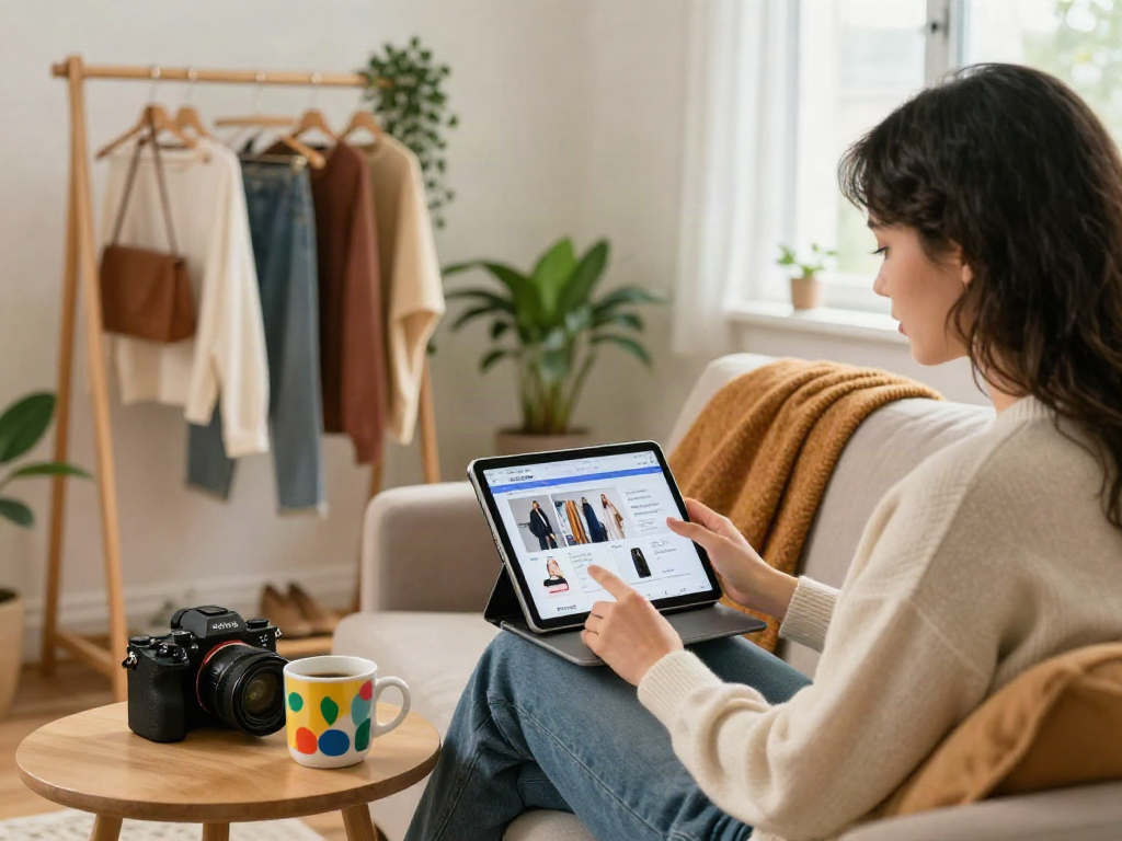 Experience rokok88 online shopping with a cozy living room, stylish clothing, and a relaxed atmosphere.