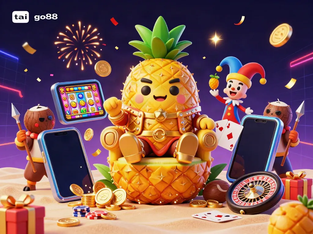 Engage in thrilling gaming action with tai go88's vibrant casino scene featuring characters, slot games, and festive elements.