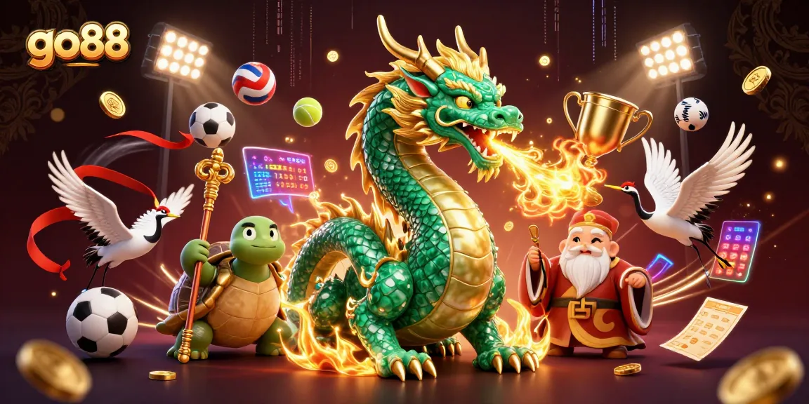 Experience thrilling gameplay with go88's dynamic scene featuring a jade dragon, turtle sage, and lucky cranes.