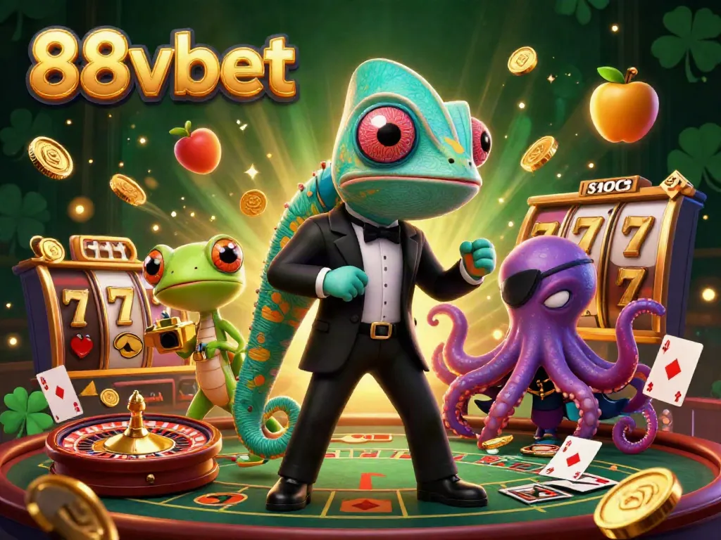 Experience thrilling betting action with 88vbet in a vibrant 3D illustration filled with jackpot symbols and casino characters.