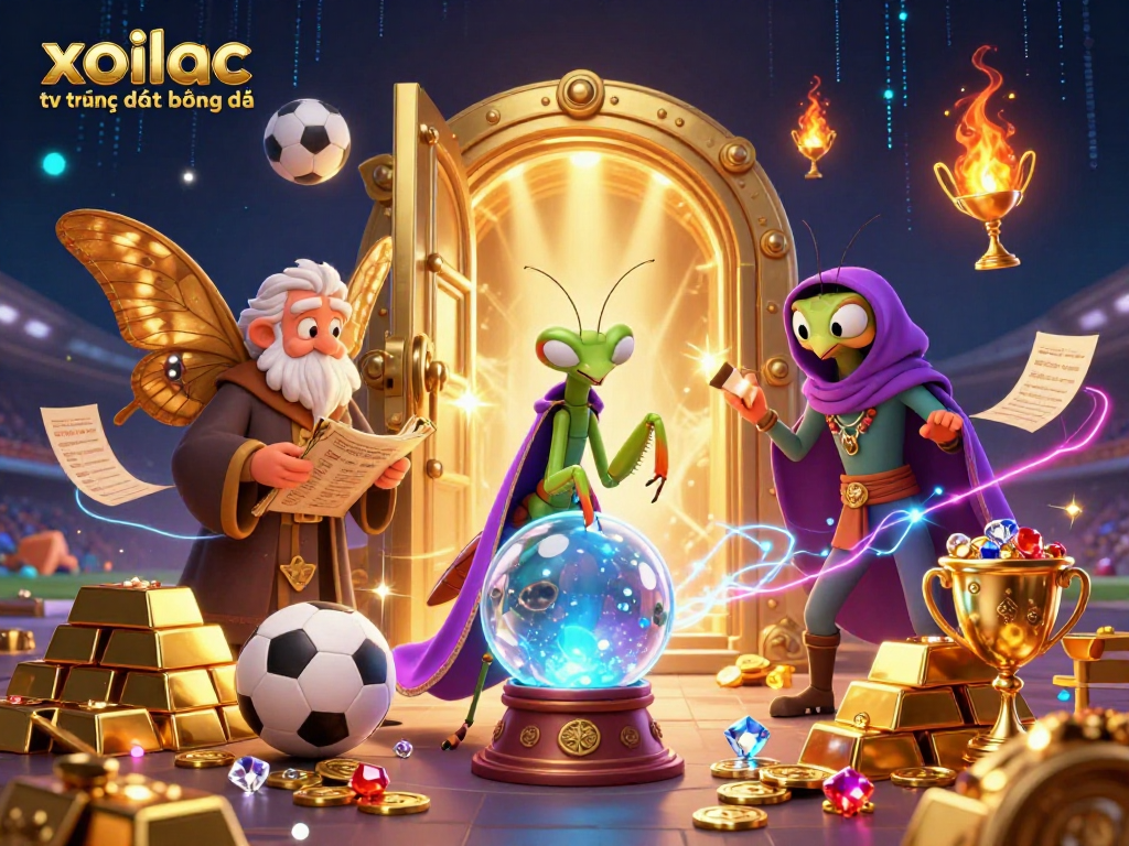 Engaging 3D illustration showcasing xoilac tv trực tiếp bóng đá with a fortune teller and sports elements, creating a dynamic betting atmosphere.