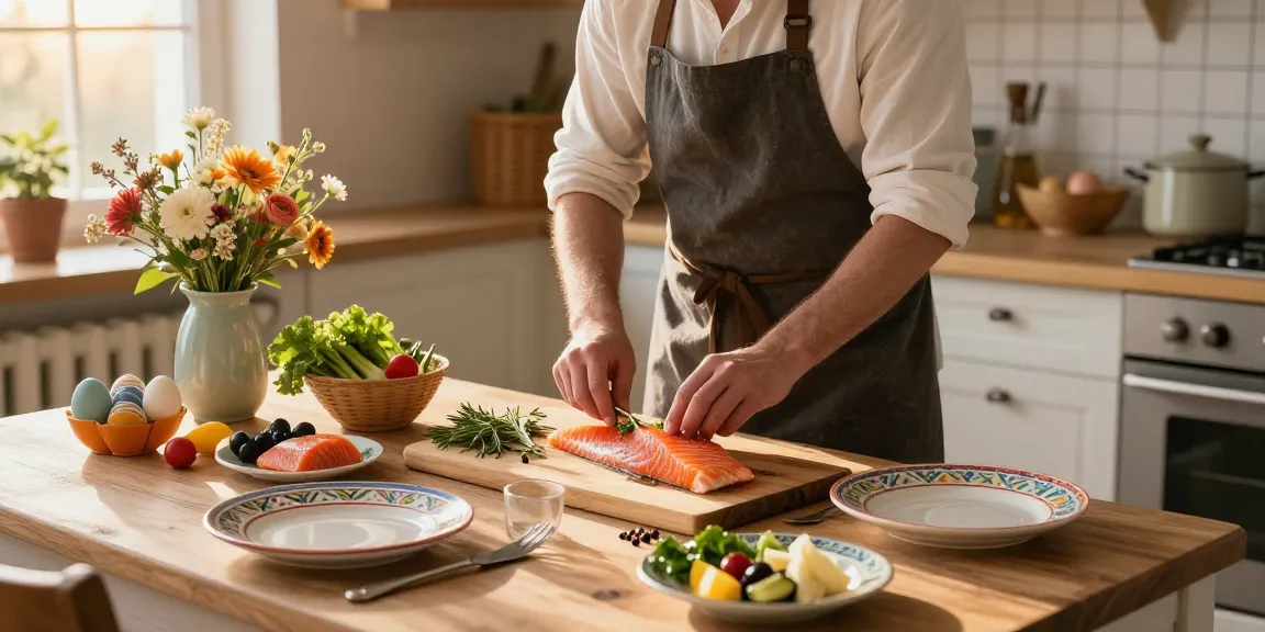 Recept påskmat i en hemtrevlig köksmiljö med färska ingredienser och en festlig dukning.