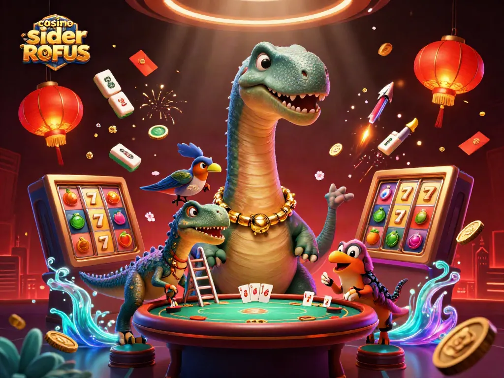 Engage with exciting casino sider uden ROFUS surrounded by vibrant casino elements and imaginative characters.