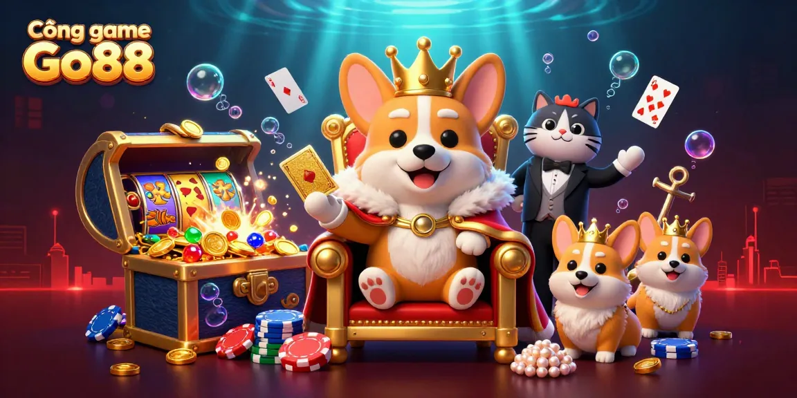 Engage with the Cổng game Go88 while enjoying a vibrant 3D illustration filled with poker chips and colorful slot reels.
