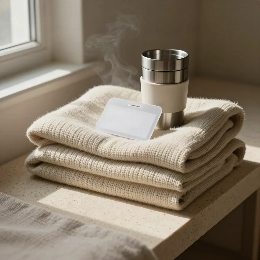 Nattvårdskit med stickad wrap, termosmugg och namnhållare på travertin i mjukt ljus