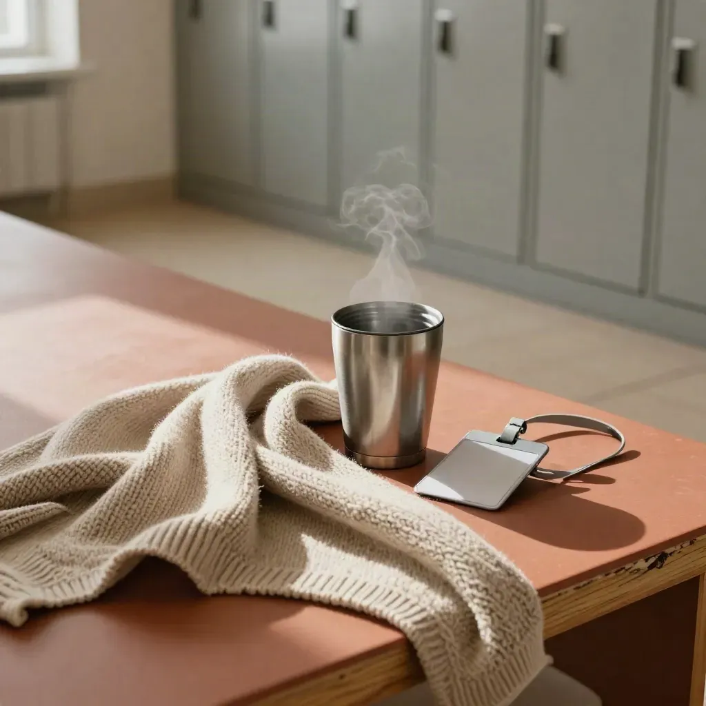 Mjukt stickad vårdpack med termosmugg och namnhållare i varm, dimmig miljö.