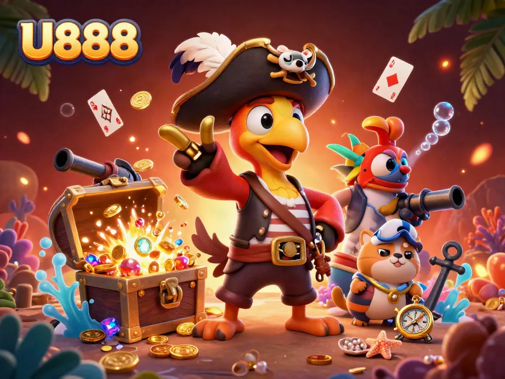 Experience the thrill of U888 with a vibrant pirate-themed illustration showcasing dynamic casino elements.