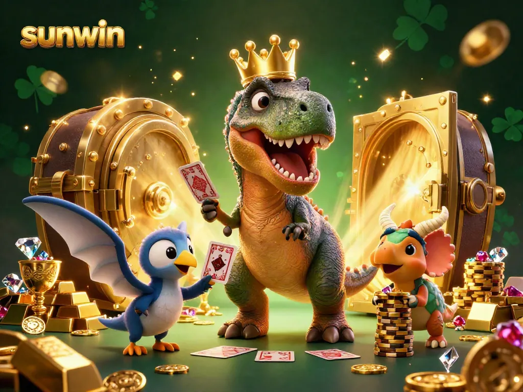 Engaging sunwin-themed scene shows a T-Rex shuffling cards, surrounded by gems and gold.