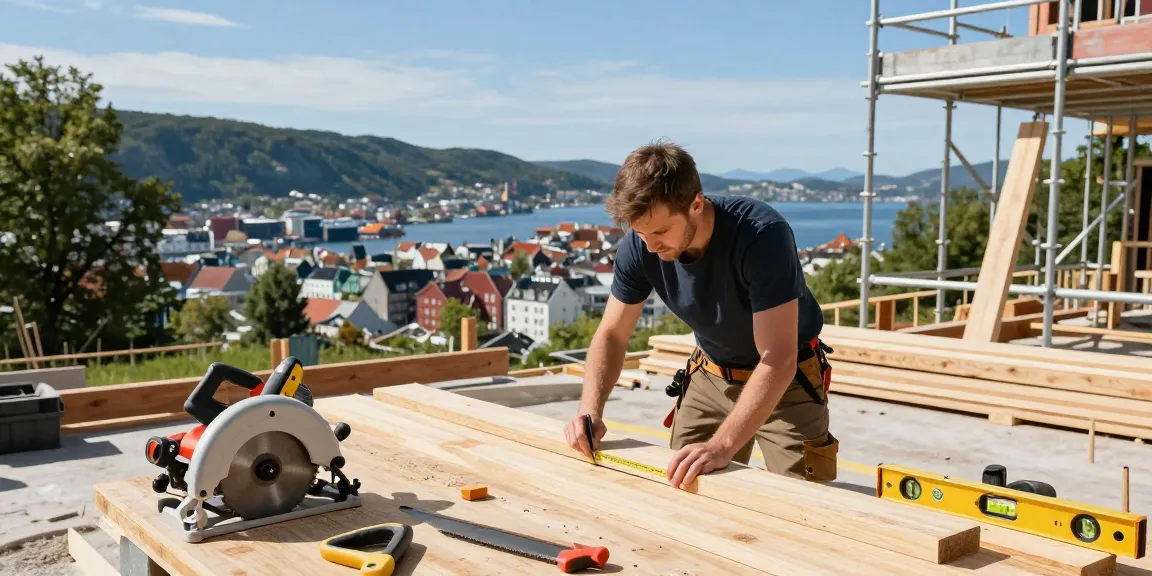 Skilled carpenter at a construction site in Bergen, showcasing Bygg Bergen services with tools and materials.