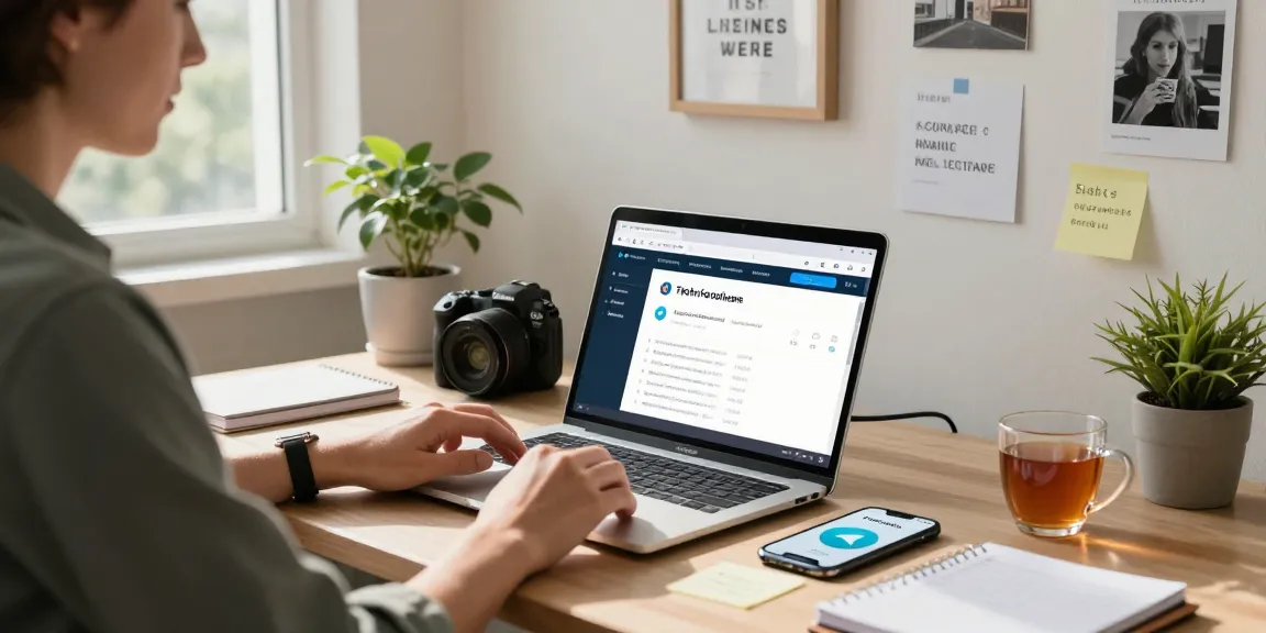 Person using the Telegram web version in a cozy home office workspace, showcasing productivity and tech integration.