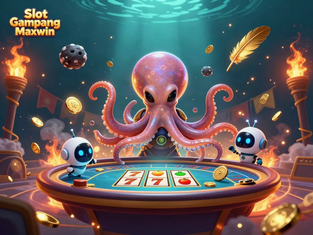 Experience Slot Gampang Maxwin with vibrant slot reels and an alien octopus at a poker table.