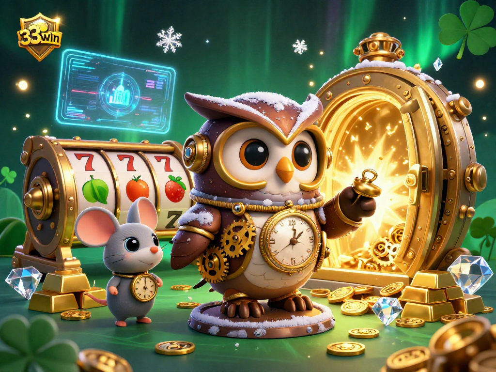 Spin the lucky reels at 33win with an enchanting steampunk owl in a rich casino scene.