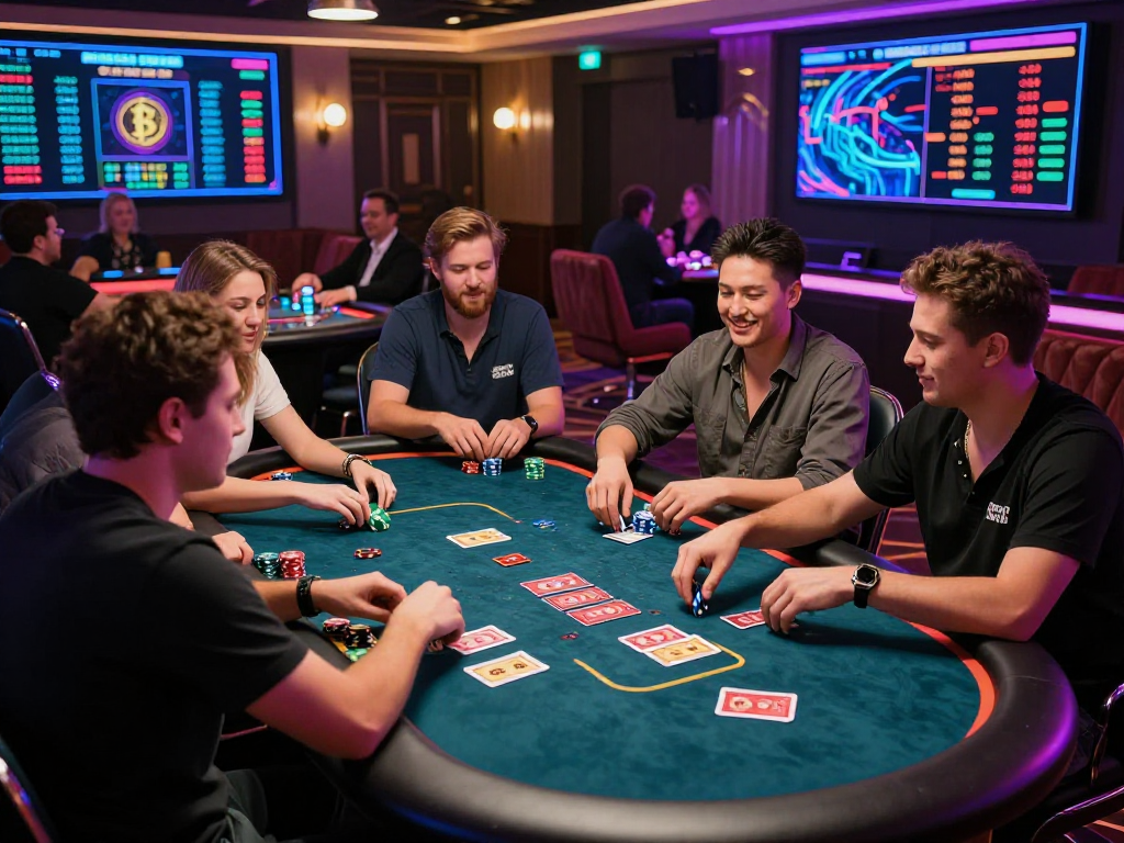 Engaged players at a crypto casino enjoying live dealer poker amidst vibrant decor and digital screens.