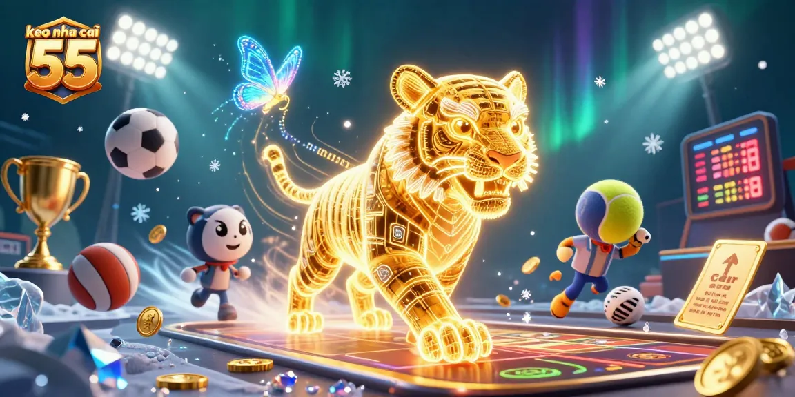 Experience keo nha cai 55 as a vibrant digital casino scene with a neon-wireframe tiger and sports elements.