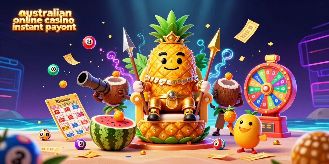 A vibrant scene showcasing a golden pineapple king and other characters representing the australian online casino instant payout concept, filled with dynamic lottery elements.
